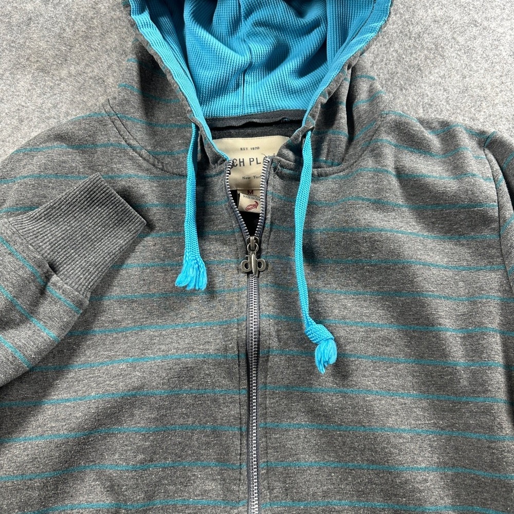 Ditch Plains Full Zip Hoodie Mens M Gray Turquoise Striped Waffle Hood Y2K